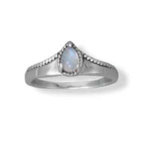 Oxidized Pear Rainbow Moonstone Bead Edge Ring